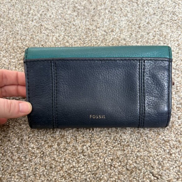 Fossil Navy Blue & Turquoise Leather Wallet Gold Hardwear - Picture 2 of 14